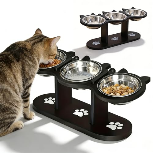 Ciotola per gatti rialzata, stazione di alimentazione con 3 ciotole in acciaio inox e supporto in legno, ciotola per gatti, inclinabile a 15°, ciotola per gatti in legno 3-in-1, stazione di