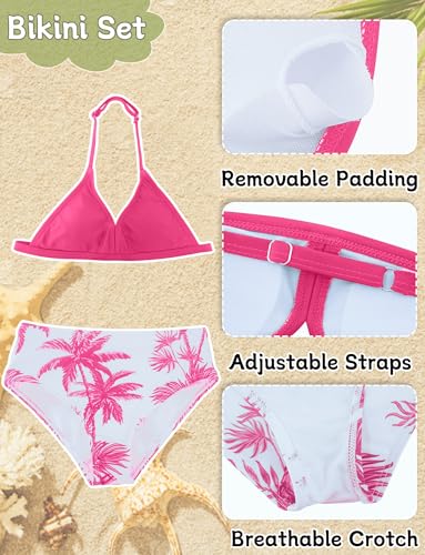 Girl’s 4 Piece Swimsuit Tropical Print Bathing Suit Halter Bikini Set Short Sleeve Top and Cover Up Pant4