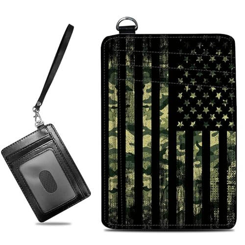 Image of Small Travel Wallets, Military Camouflage American Flag Slim Minimalist Front Pocket Wallet with Wristlet, RFID Blocking PU Leather Credit Card Holder with ID Window Change Purse for Men Women