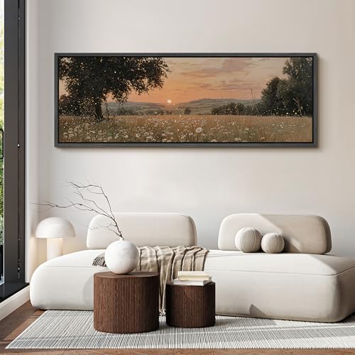 Image of MUDECOR Large Framed Canvas Print Wall Art Golden Sunset Meadow with Wildflowers Warm Landscape Antique Retro Ready to Hang Painting for Living Room Bedroom Multi-Sizes - 60 inchx20 inch