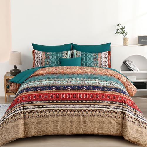 Image of Cottolester Boho Full Size Comforter Set 8 Pieces,Green and Brown Bohemian Striped Bed in a Bag,Floral Soft Microfiber Bedding Comforter Set