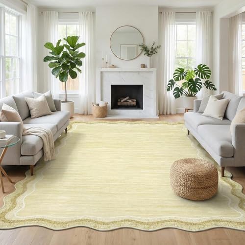 Garvee Scalloped 5x7 Rugs Washable Area Rugs for Living Room,Modern Stain Resistant Solid Rug for Bedroom Kids Room, Scalloped Low Pile Non-Slip Neutr