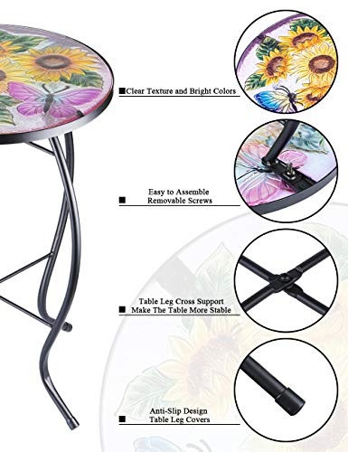 Vcuteka Patio Side Table Plant Stands Outdoor Accent Table Small Mosaic Table Glass Top Round Balcony Coffee Table Sunflower #TOP5