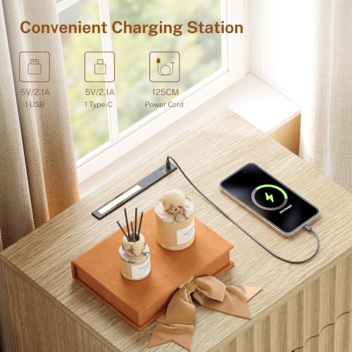 Image of TEENFON Fluted Night Stand with 3 Storage Drawers, Nightstand with Charging Station and LED Light, Bedside Table for Small Space, Bedroom, Natural
