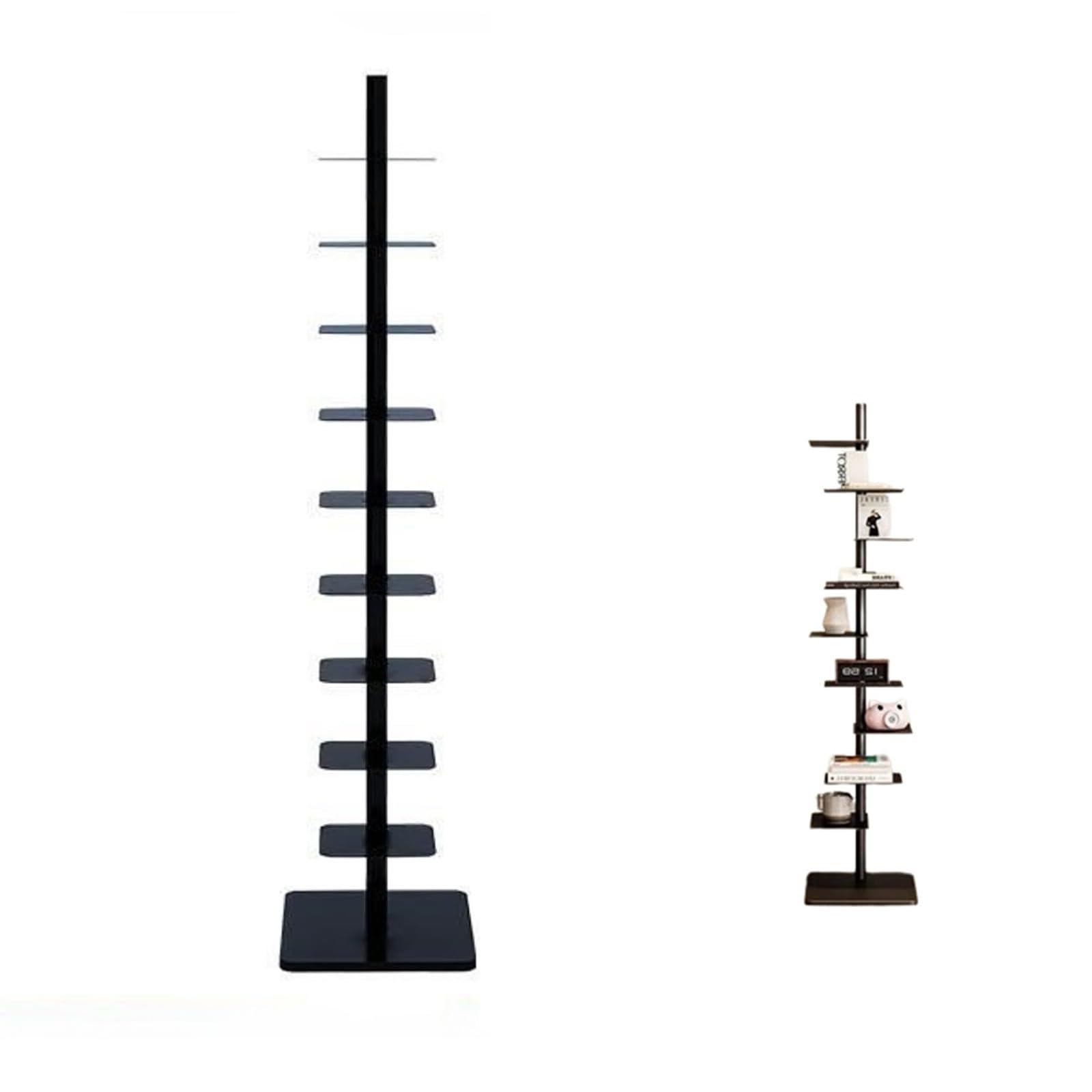 Estantería delgada de metal de 9 niveles, torre giratoria estrecha de 3 lados, estantería de escalera alta para espacios pequeños, elegante solución de almacenamiento negra para el hogar y la oficina