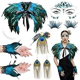 6-teiliges Pfau Kostüm Damen Accessoires Set: Dieses Set umfasst Pfauenfeder-Umhang, 1 Paar Federmanschetten, 1 Paar Pfau-Ohrringe, Feder-Haarschmuck, 1 Paar künstliche Wimpern und ein Gesichts-Kristall-Aufkleber. Alle Elemente sind harmonisch aufeinander abgestimmt und ermöglichen ein komplettes pfau kostüm damen accessoires Outfit ohne zusätzliches Zubehör