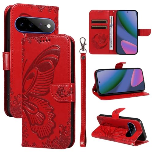 Étui en cuir Google Pixel 10 5G rouge motif papillon élégant