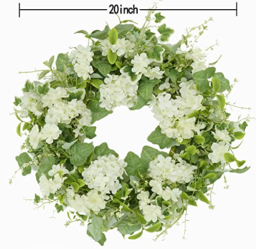 20 Inches Spring Summer Wreath Hydrangea Wreath For Front Door With White Cherry Blossom,Eucalyptus And Ivy Leaves For Indoor Outdoor Home Farmhouse Festival Decor #TOP5