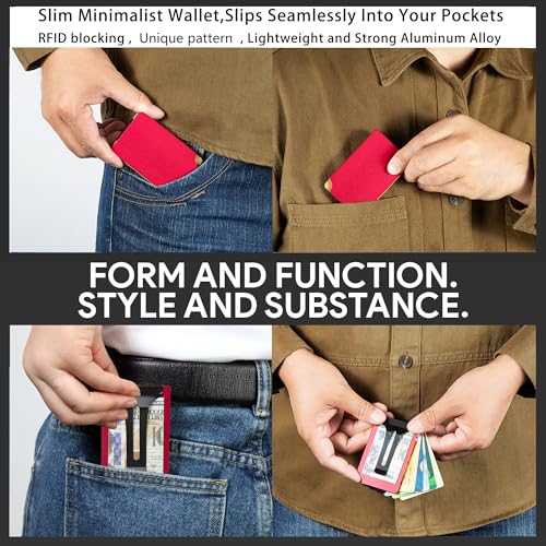Image of Minimalist Carbon Fiber Wallet for Men, Money Clip Cash Strap Wallet, RFID Blocking Metal Wallet Aluminum Card Holder,Front Pocket Wallet(Matte Red)