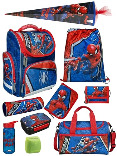 Familando - Schulranzen Set CLOU - 10-teilig mit Schultüte - Marvel Spiderman - Ergonomisch, stabil & mit gepolstertem Rücken - 930g leicht - 15L Volumen - Mit Reflektoren - ab 1. Klasse