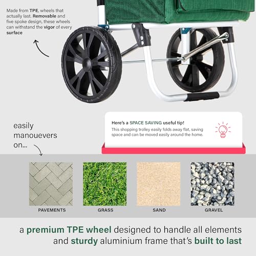 Large Lightweight Shopping Trolley With Wheels – 64L Grocery Cart With Handle, Heavy-Duty & Collapsible For Easy Storage – Ideal For Shopping, Laundry & Travel (Green) - 3