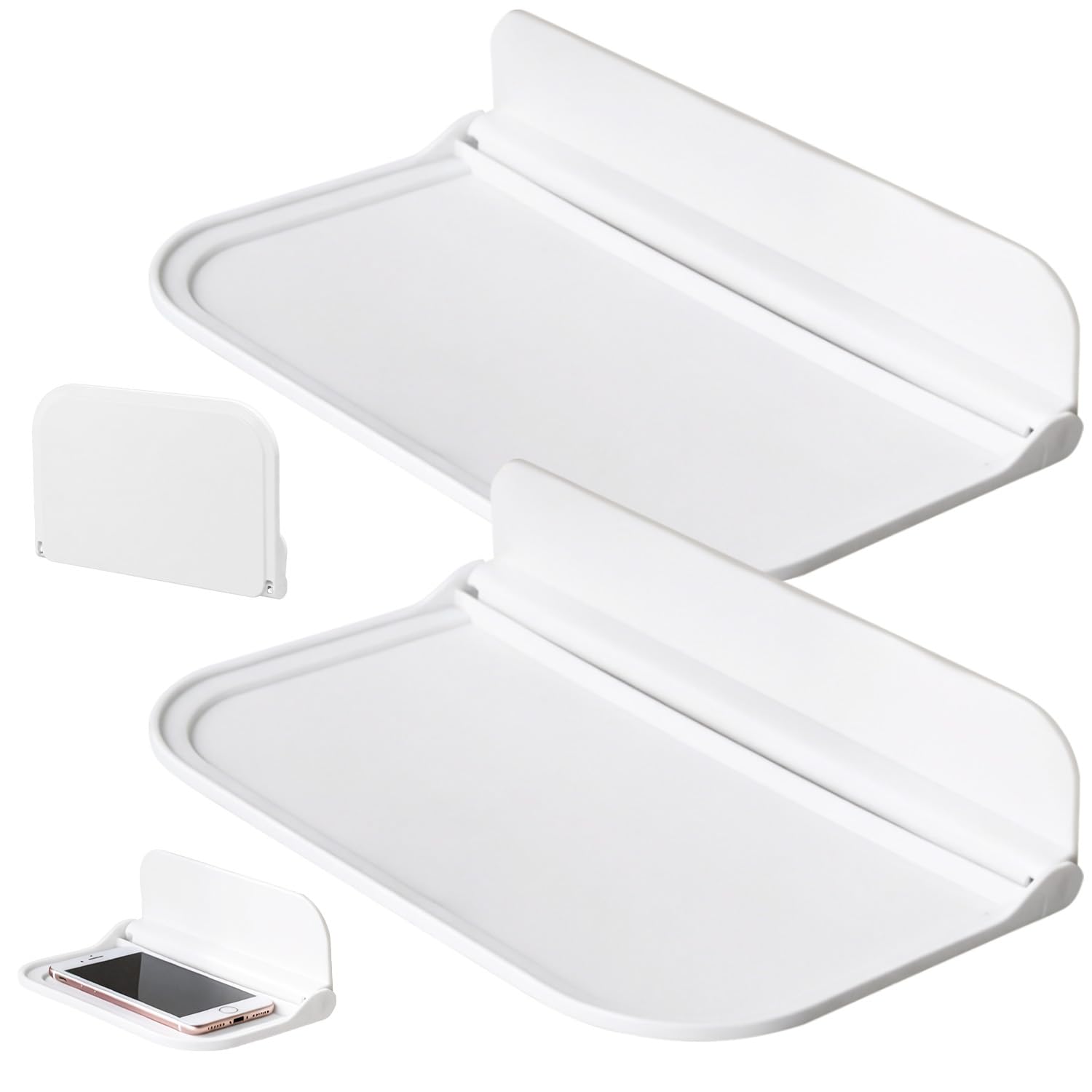 GAZIL 2 Pack Folding Shelf Stick on Shelf, No Drill Self Adhesive Shelves Foldable Wall Storage Rack for Bathroom Kitchen Bedroom Office, White Large