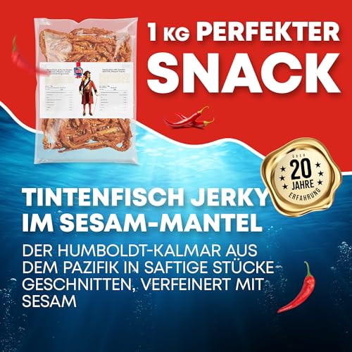 Tintenfisch Sesam 1kg - Fisch Jerky I High Protein I Snacks I Trockenfisch Omega 3 I Beef Jerky, Trockenfleisch & Chips Alternative Keto Salat Topping