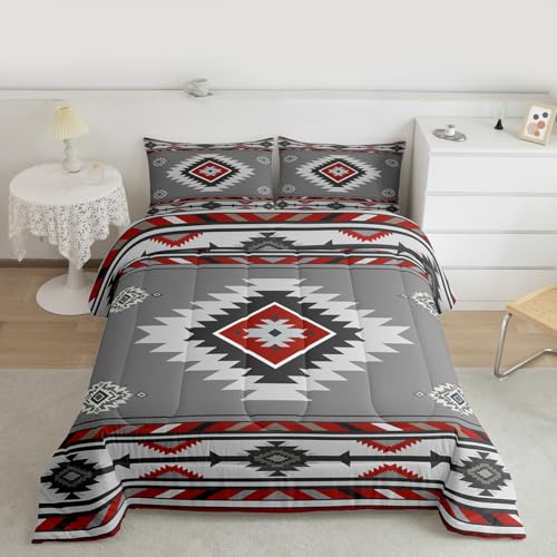 Feelyou Southwestern Geometric Bedding Set King Size Retro Exotic Boho Comforter Set for Kids Boys Girls Decor Indian Tribal Geometric Comforter Grey Red Duvet Set Bedroom Quilt Set