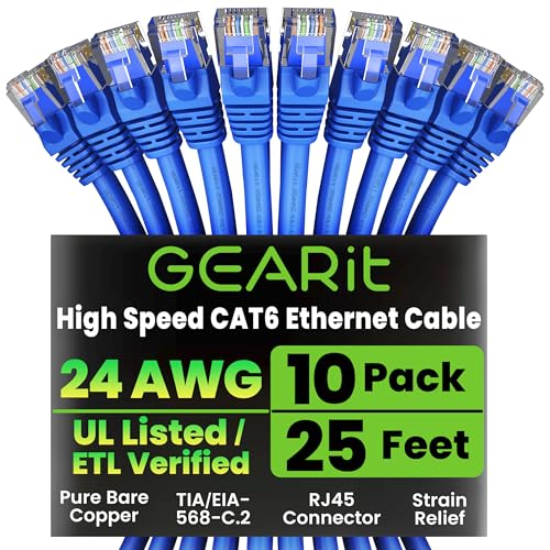 GEARit Cat 6 Ethernet Cable Pack - 10-Pack 25 ft Cat6 Ethernet Patch Cables | RJ45 Network Patch Cable, 10 Gbps Snagless Gold-Plated Connectors - Ethernet Cable Cat 6 for PC, TV, Router - Blue