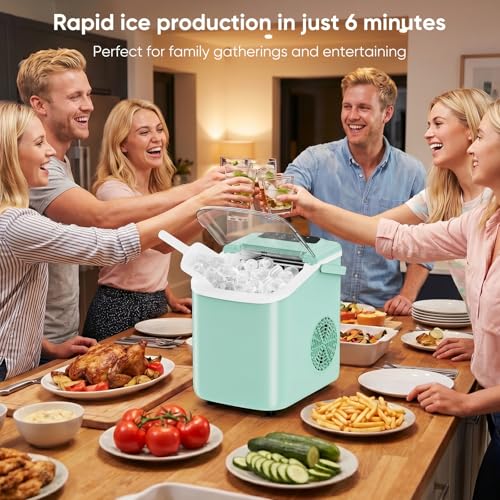 Image of DUMOS Ice Maker Countertop, Ice Machine with Portable Handle, Basket and Scoop, 26lbs Daily, 9 Bullet Cubes in 6-8 Mins, Auto-Cleaning for Home, Kitchen, Office, Outdoors, RV Camping