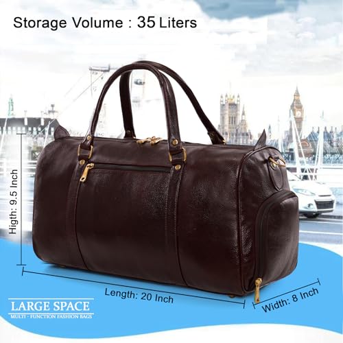 Image of HYATT Leather Accessories Weekender Travel Duffle Bag with Separate Shoe /Laundry Compartment for Men & Women Made of Natural Dry-Milled Leather (Brown)