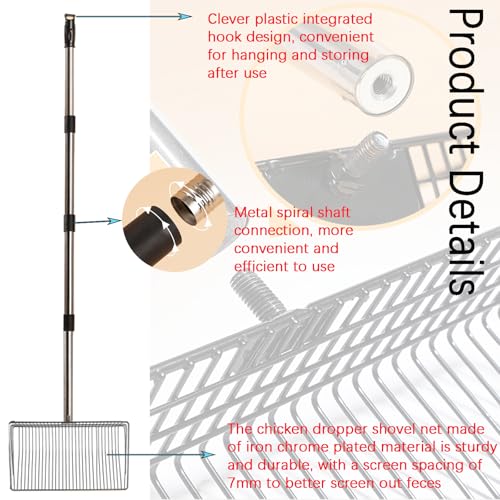 Image of 10inch Extra Large Metal Chicken Poop Scooper, 33 inch to 60 inch Chicken Coop Litter Scoop with Stainless Steel Long Handle&Deep Sifting Shovel, Heavy Duty Chicken Coop Accessories for Sand, Non-Stick