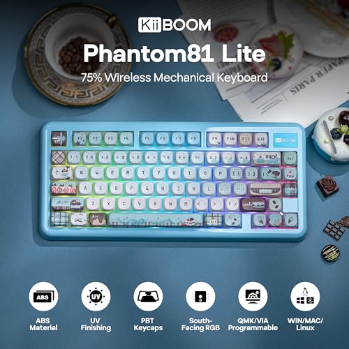 Image of KiiBoom Phantom81 Lite 75% Gasket Mechanical Keyboard, QMK&VIA Programmable, 3 Modes Wireless Gaming Keyboard, RGB Backlights, ABS Case + UV Tech, Hot-Swappable for Windows /Mac /Linux (Blue)