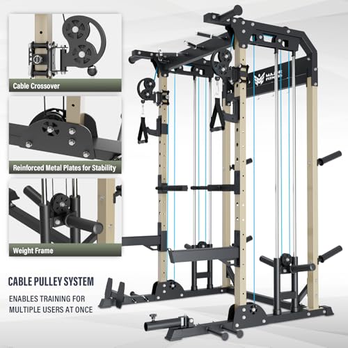 MAJOR FITNESS F22 Multi-Functional Power Rack—1600lbs Capacity All-in-One Squat Rack with Dual Pulley System for Home Gym Strength Training (Rack with WB, Khaki) - Thumbnail 5