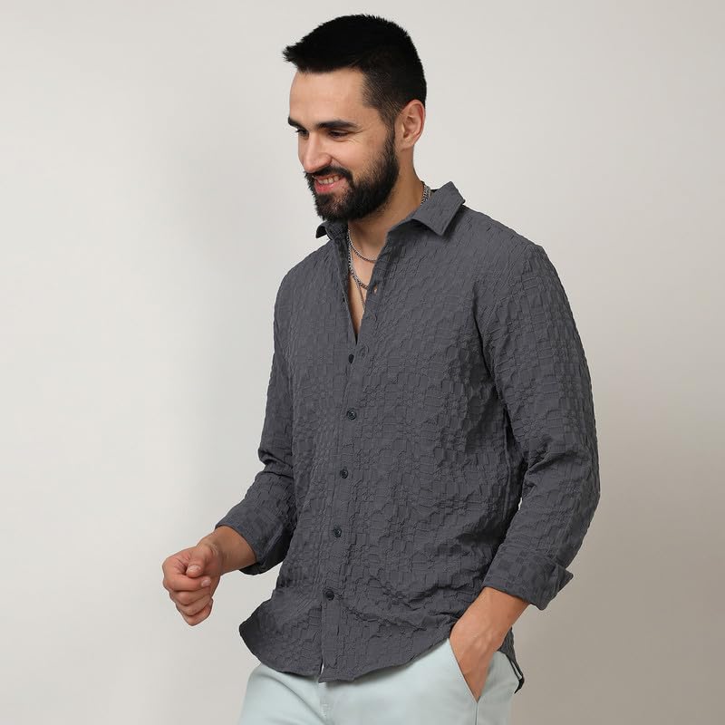 Image of CAHOOT Men's Twisted Crease Shirt for Casual Wear | Spread Collar | Long Sleeve | Button Closure | Shirt Crafted with Comfort Fit for Everyday Wear