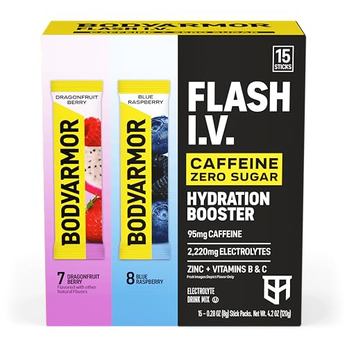 Image of BODYARMOR Caffeinated Flash IV Electrolyte Packets, Blue Raspberry & Dragonfruit Berry Variety Pack, Zero Sugar Energy Drink Mix, Single Serve Packs, Hydration for Pre Workout (15 Count)