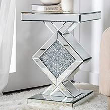 SHYFOY Glass End Tables Living Room, Glam Square Mirrored Side Table with Crushed Fax Diamond Inlay, HD Mirror Pedestal Stand, 24in Height Silver Small Accent Table for Living Room, Fully Assembled