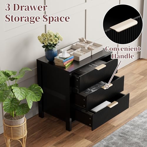 Image of Fluted Nightstands Set of 2, 23.7'' Wide Night Stand with 3 Drawers, Mid-Century Modern Bedside Table with Handles, Wood End Table for Bedroom, Black