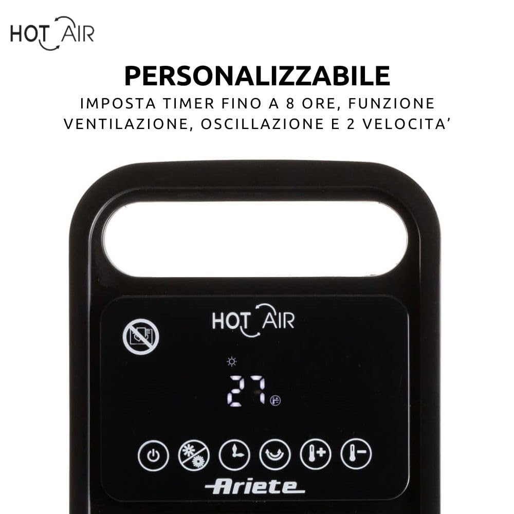 Ariete 8212 Stufa elettrica a torre, 2000W, Funzione ventilazione, Funzione oscillazione, Timer fino a 8 ore, Led display, Tecnologia ceramica, Basso consumo energetico, Nero