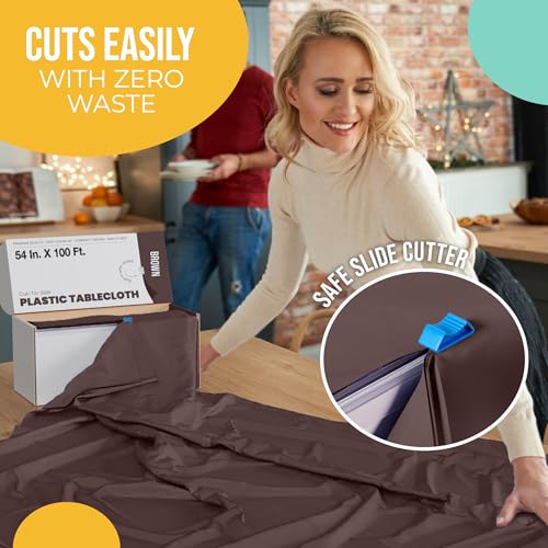 Image of Exquisite Party Solids 54 Inch X 100 Feet Brown Plastic Table Cover Roll in A Cut - to - Size Box with Convenient Slide Cutter. Cuts Up to 12 Rectangle 8 Feet Plastic Disposable Tablecloths