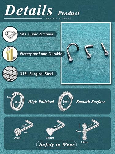THUNARAZ 32 Pcs Nose Rings for Women Men - Hypoallergenic Surgical Stainless Steel Retainer Clear L Shape/Straight/Corkscrew Nose Rings Hoops Cartilage Helix Tragus Piercing Jewelry 18G/20G2
