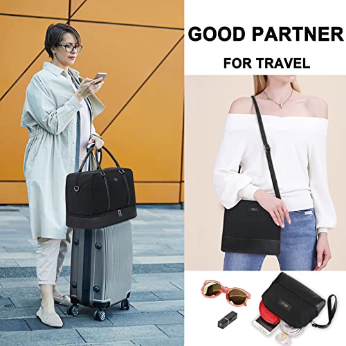 Image of IBFUN Weekender Bags for Women, 21 inch Weekender Travel Bag, Travel Duffle Bag Carry on Overnight Duffel Bag 3PCS, A9-Nylon-Black, Large, Expandable Weekender Bag With Back Side Luggage Sleeve and