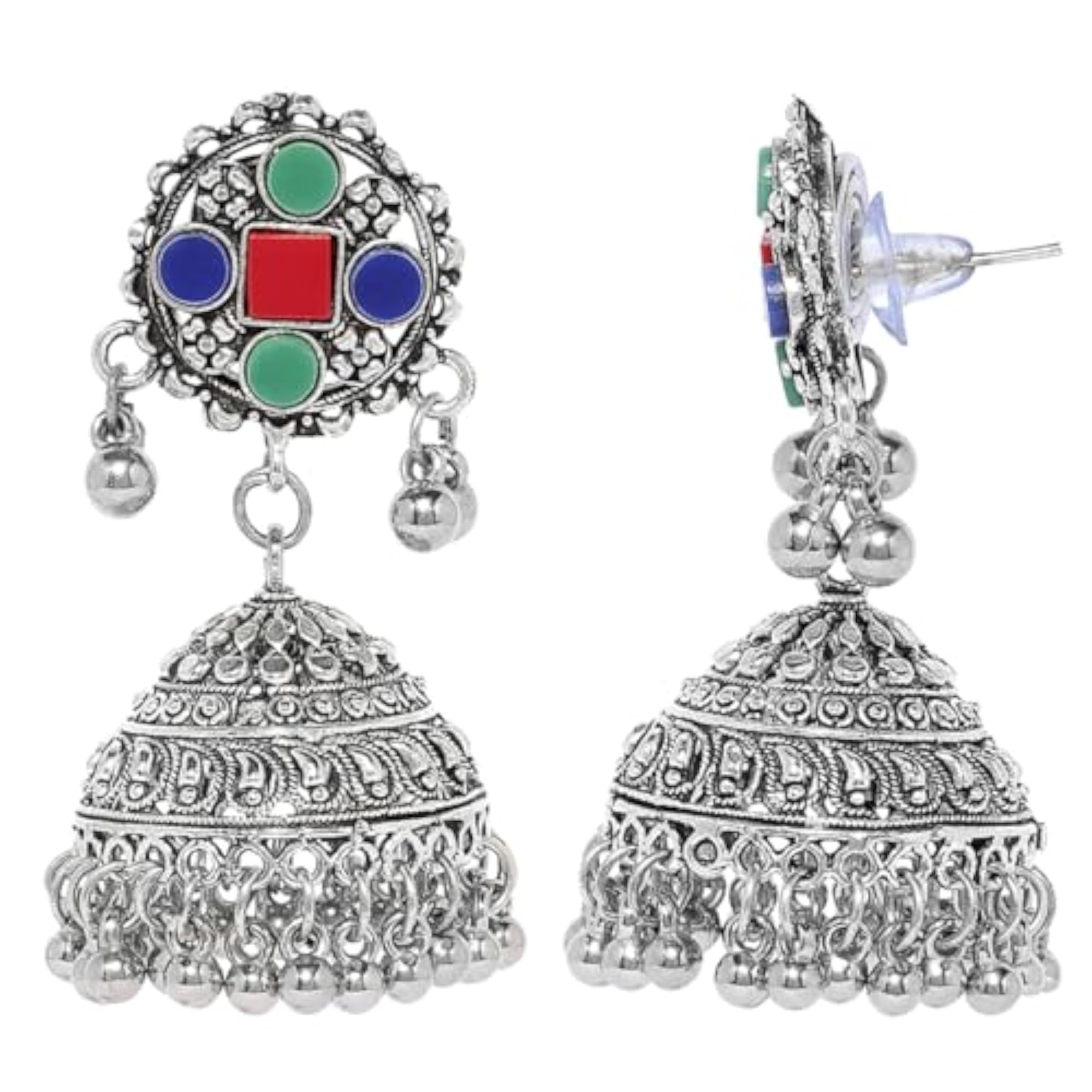 Traditional Oxidised Silver Jhumka Earrings with Enamel