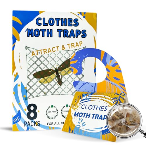 Pestoptek Clothing Moth Trap with Pheromone Attractant 8 Pack, Easy to use Clothes Moth Treatment, Odorless/Non-Toxic Strong Sticky Strips for Closet and Carpet