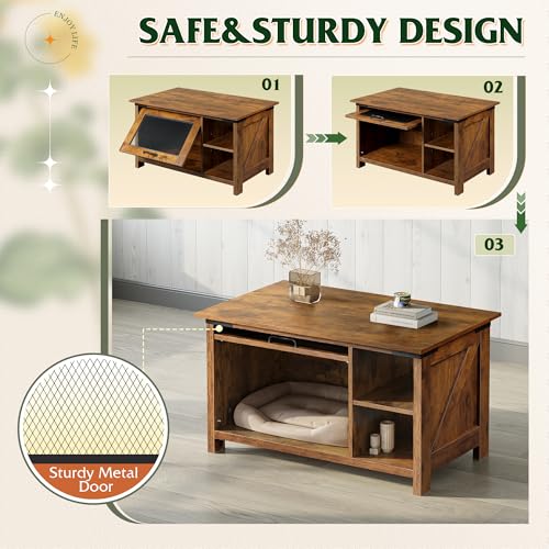 Image of WLIVE Wooden Coffee Table with Flip-up Door, 2-in-1 Cat House, Brown