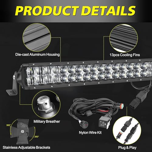 Image of 20 Inch LED Light Bar Kit with Wiring Harness 5D Optics Lens | 200W Double Row LED, Spot Flood Combo Offroad Driving Light Super Bright Bumper Grille Light Bar for Trucks Pickup SUV UTV