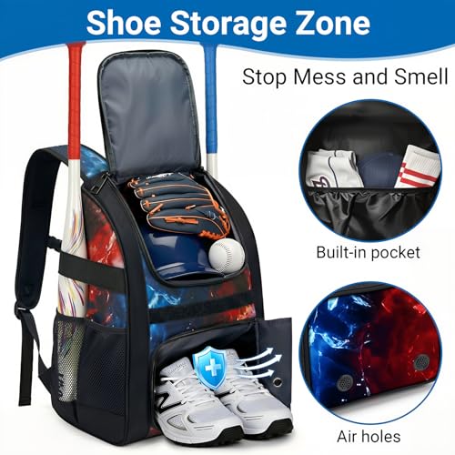 Image of Youth Baseball Bag - Softball Bag for Girls & Boys with Shoes Compartment, Bat Backpack for Baseball, T-Ball & Softball Equipment
