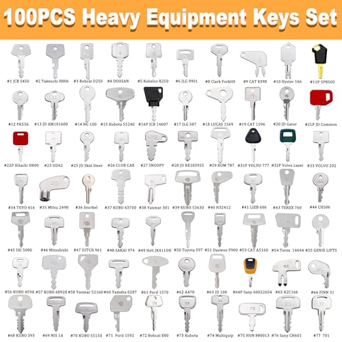 Image of 100 Non-Duplicate Full Range Heavy Master Equipment Key Set | Original Heavy Construction Excavator Dumper Ignition Key for CAT Kubota John Deere JCB Yanmar Takeuchi Komatsu Volvo Toyota
