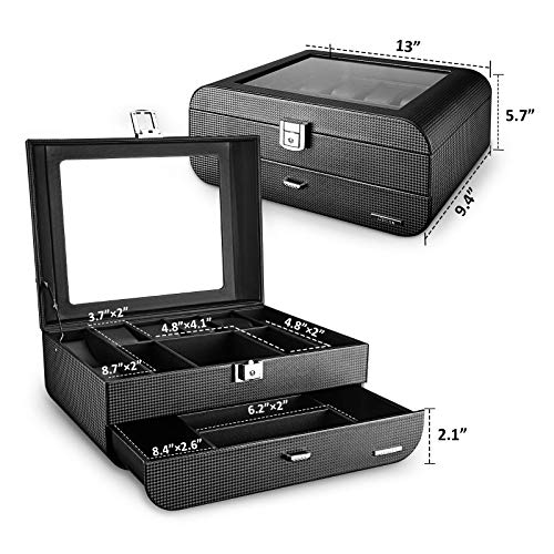 Homde Fathers Day Gifts - Watch Box Arc Display Case Carbon Fiber Jewelry Organizer Luxury Sunglasses Holder With Drawer, Glass Top And Lock For Men Women #TOP3