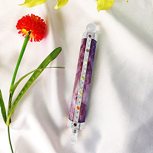 Image of Amethyst Seven Chakra Wand with Crystal Ball Stone for Spirituality,Healing,Amethyst Wand Embellish with Seven Chakra Stone-Purple