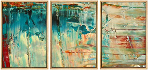 wall26 Framed Canvas Print Wall Art Set Thick Teal, Tan & Orange Paint Color Field Abstract Shapes Illustrations Modern Art Chic Colorful Ultra for Living Room, Bedroom, Office - 24"" x36 x3 Natural