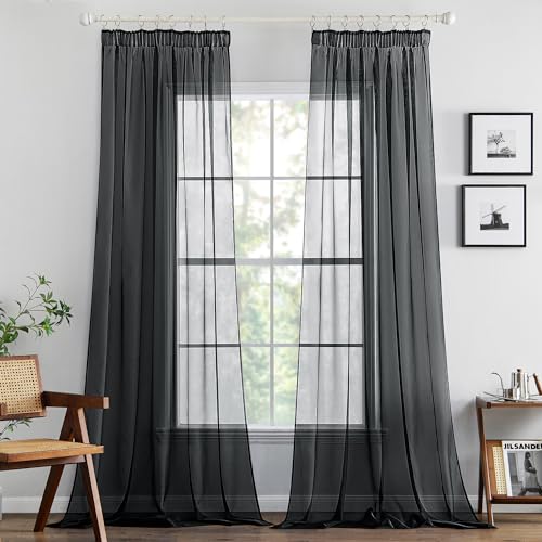 MIULEE Gardinen Vorhänge mit Kräuselband Vorhang Transparente Gardine aus Einfarbig Transparent Sheer Voile Wohnzimmer Luftig Dekoschal für Schlafzimmer 2er Set 245 x 140cm (H x B) Schwarz