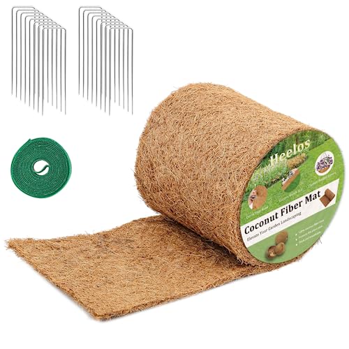Heelos Thick Mulch Roll for Landscaping,120" x 6.5" Coconut Fiber Liner Mulch Mat with 16PCS U-Shaped Steel Stakes and Plant Ties Tape,Natural Coco Liner Pad Garden Edging Border Lawns Weed Barrier