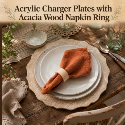 24 Pcs 13" Wooden Textured Charger Plates with Napkin Ring, White by Havawish - Used condition - Image 6