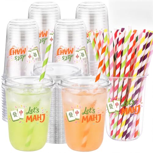 LemonRoad Mahj Cup with Lid & Straw, 50 Pack 16 oz Disposable Plastic Cup | 50 Mahj 16 oz Cups with Lids & Straws. Iced Coffee, Lemonade, Bubble Tea & Game Night Parties.