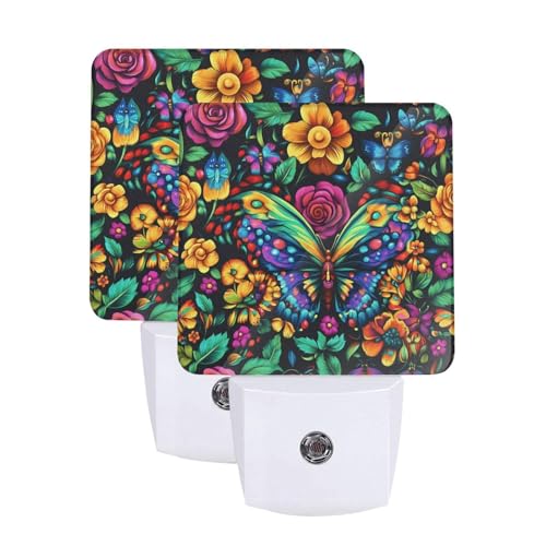 Image of Colorful Butterfly Floral Night Light Set of 2, Auto Sensor LED Dusk-to-Dawn Nightlights, Plug-in Sensor Lamp for Bedroom Bathroom Kitchen Hallway Stairs Decorative