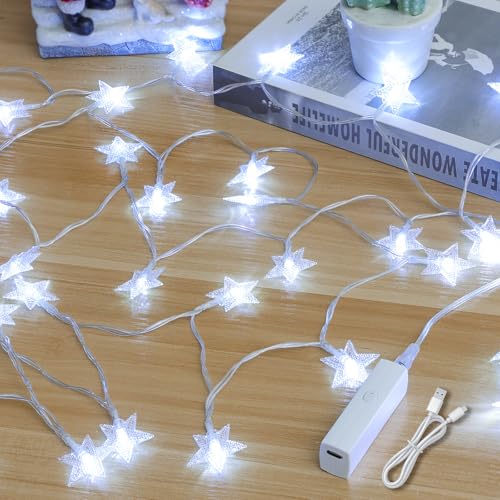 Lamuku Rechargeable Star String Lights, 17FT 50 LED Star Fairy Lights Battery Operated with 8 Modes & Timer, Twinkle Christmas Lights for Bedroom Tent Porch Wedding Party Xmas Decorations, Cool White by Lakumu - Image 2