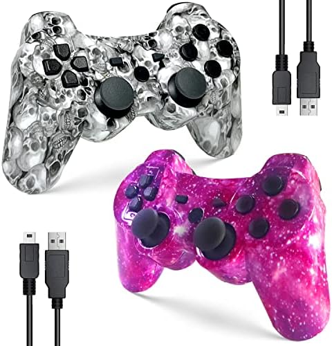 Zeion PS3 Controller Wireless, Gaming Remote Joystick for Playstation 3 with Charger Cable Cord (Purple Star, White Skull)