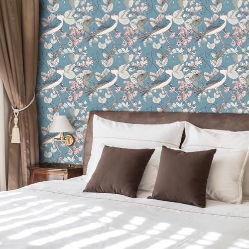 VaryFloral Blue Bird Floral Wallpaper Cherry Blossom Flower Wallpaper Peel and Stick Vintage Bird Branches Contact Paper for Cabinet Removable Decorative Wall Paper for Bedroom Living Room 17.7"x157" by VaryFloral - Image 4