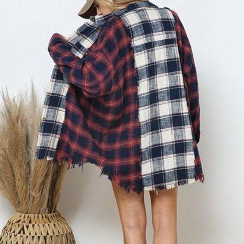 Women's Oversized Plaid Shacket Button Down Jacket with Hood Trendy Colorful Checkered Design3